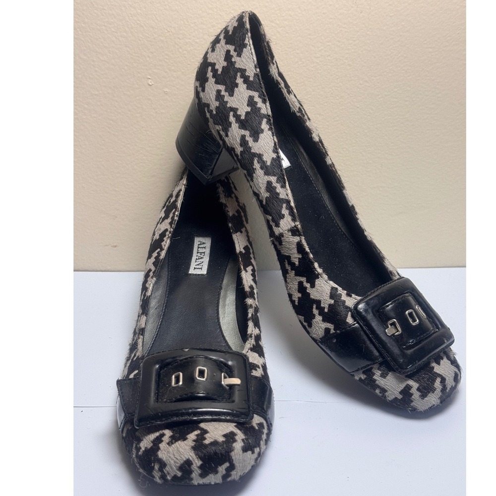 Alfani Grayce Houndstooth Calf Hair Buckle Pumps Black White Block Heel‎ 7.5M
